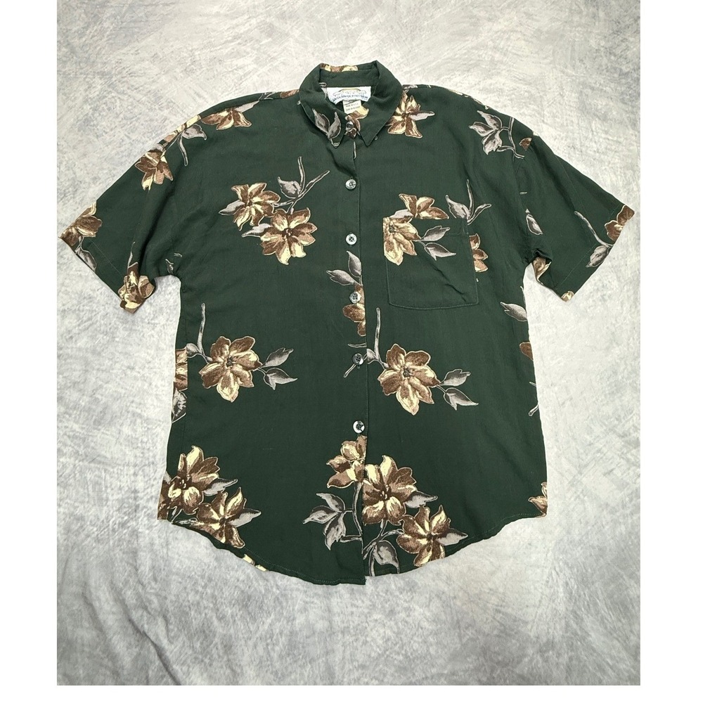 Vtg 80s Floral‎ Rayon Button Down camp Shirt womens sz M tropical casual USA